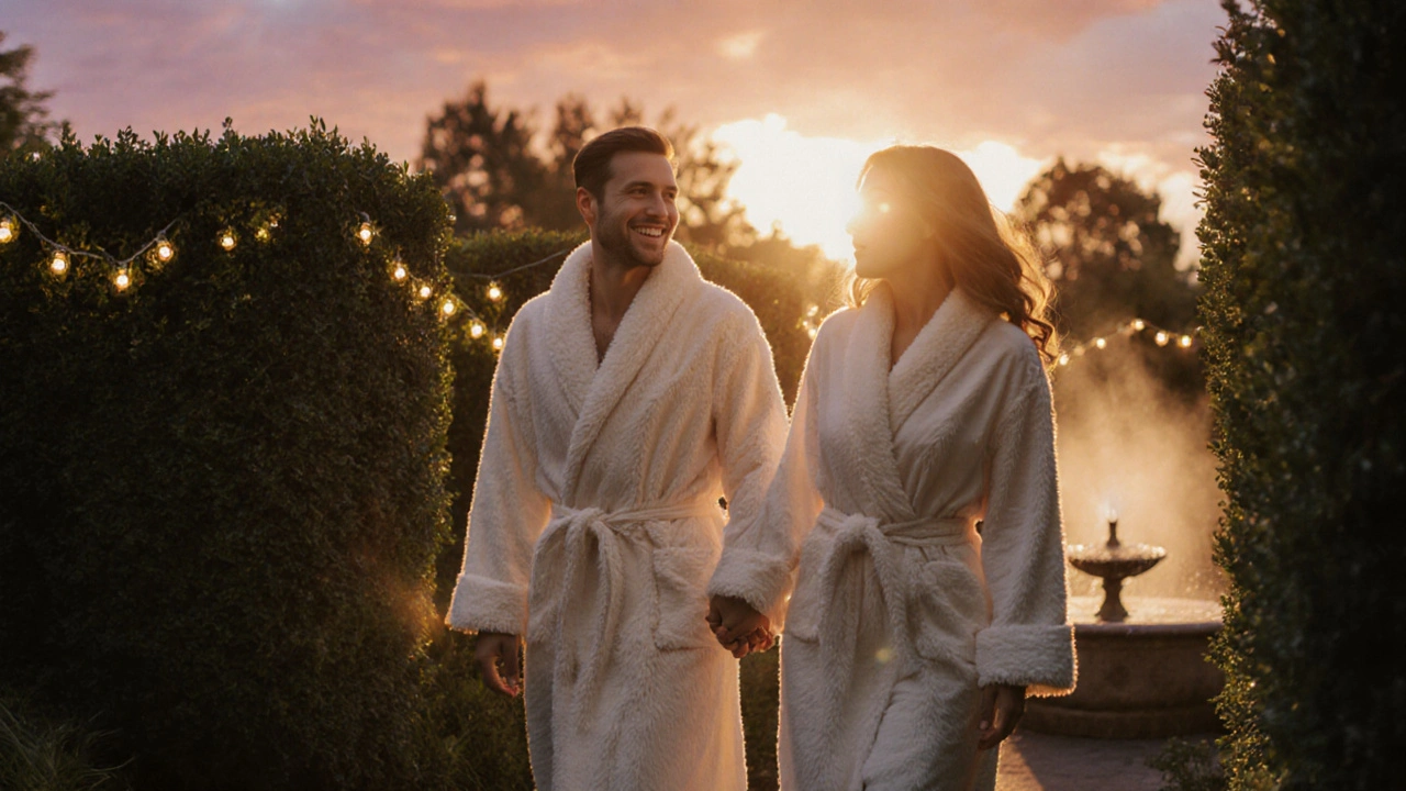 A couple in plush robes walk hand‑in‑hand through a sun‑lit garden after a relaxing couples massage.