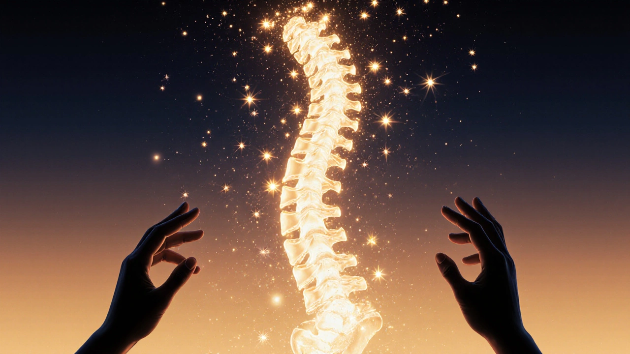 A human spine dissolving into golden light, surrounded by glowing pressure points, as if being reset by unseen hands.