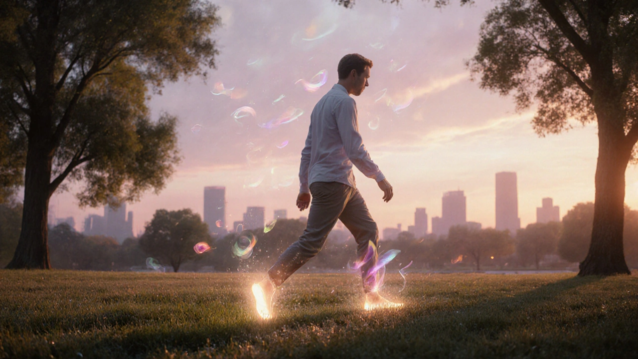 A person walking lightly after a foot massage, surrounded by a soft glow.