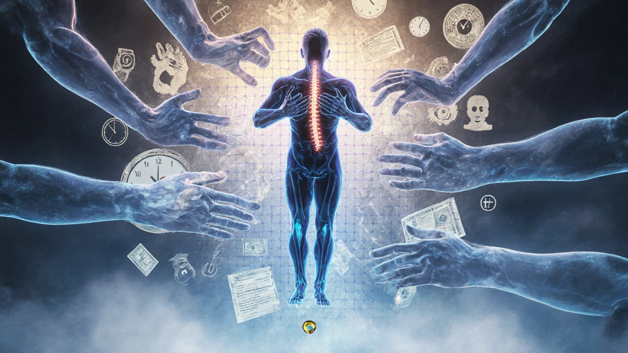 A surreal image of a man's silhouette cradled by glowing hands, stress symbols dissolving around him, symbolizing emotional release and bodily renewal through touch.