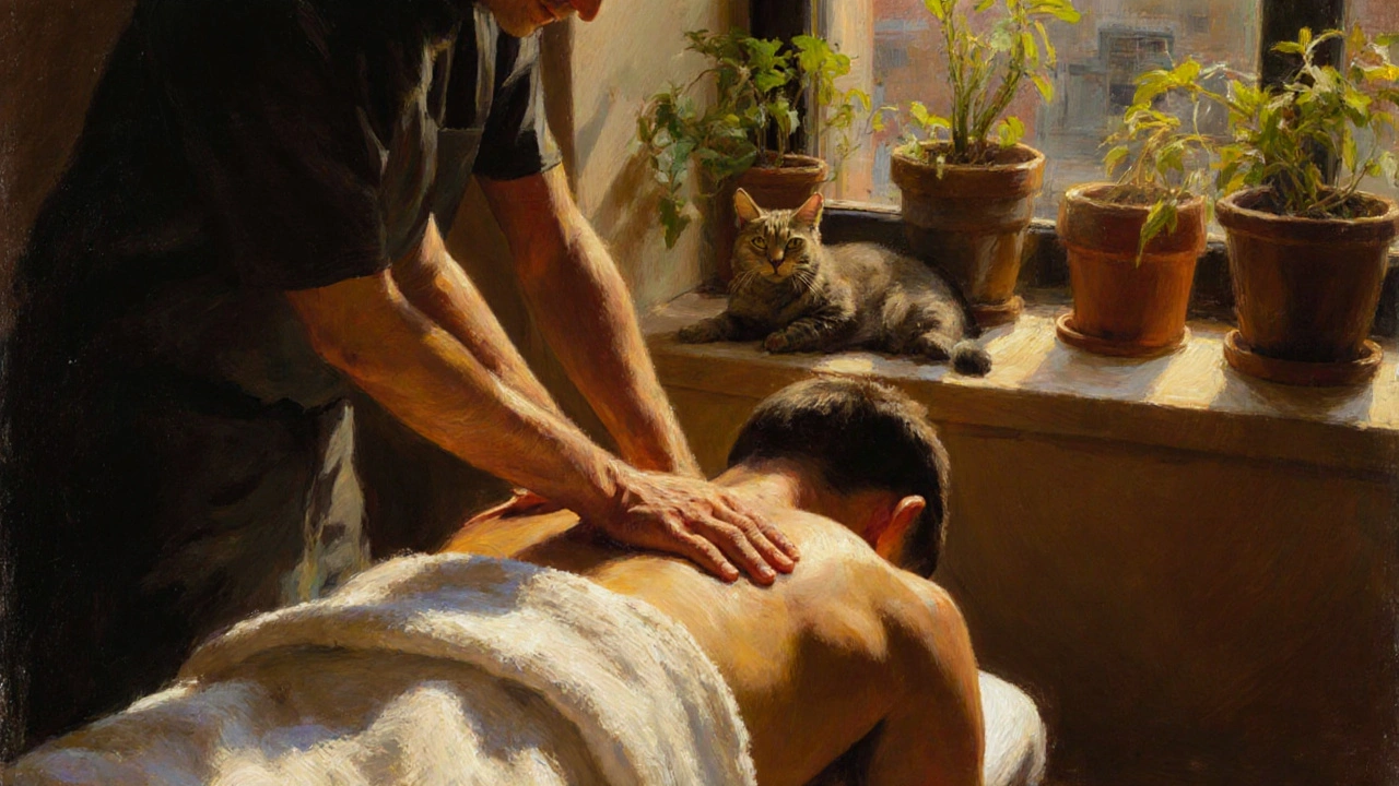 An artistically rendered scene of a man relaxed during a massage, towel-draped, therapist's hands moving along his body, warm tones and a cat on the windowsill enhancing the calm mood.