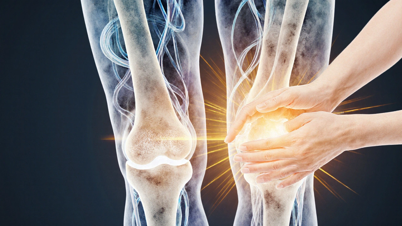 Artistic depiction of improved circulation and reduced inflammation around arthritic joints with warm light radiating from hands.