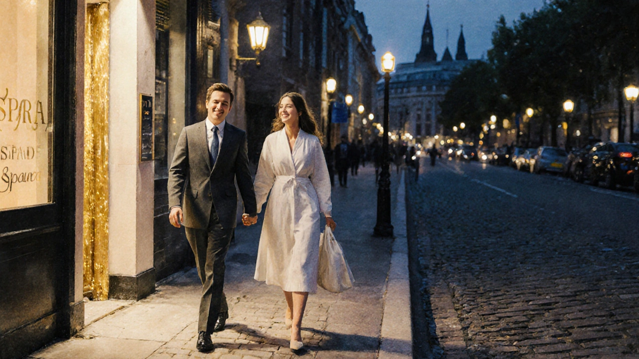 Couple exiting spa at night, holding hands, feeling relaxed and euphoric.