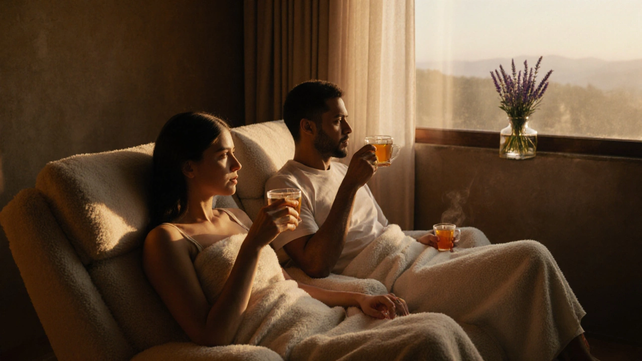 Couple in robes sharing tea, glowing after their massage.