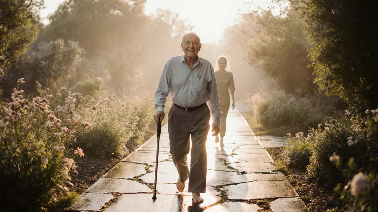 Elderly man walking freely in a garden at dawn, symbolizing regained mobility after Swedish massage therapy.