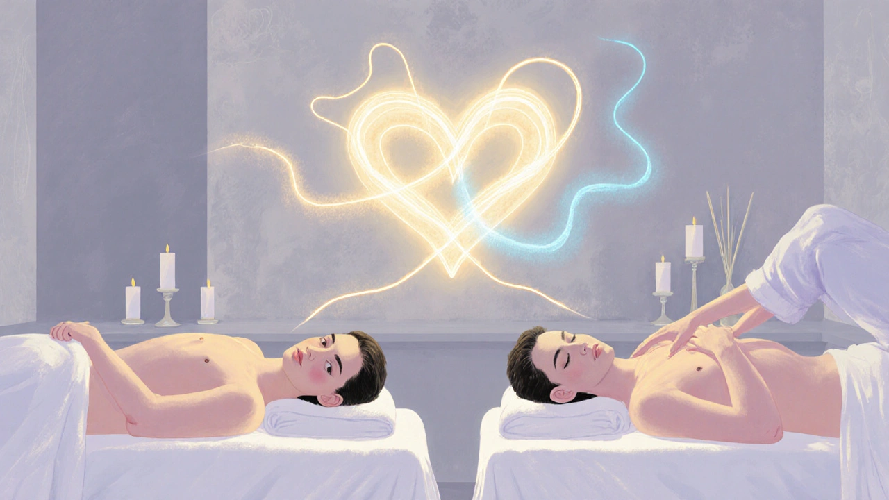 Golden aura of oxytocin linking two relaxed bodies during a massage.
