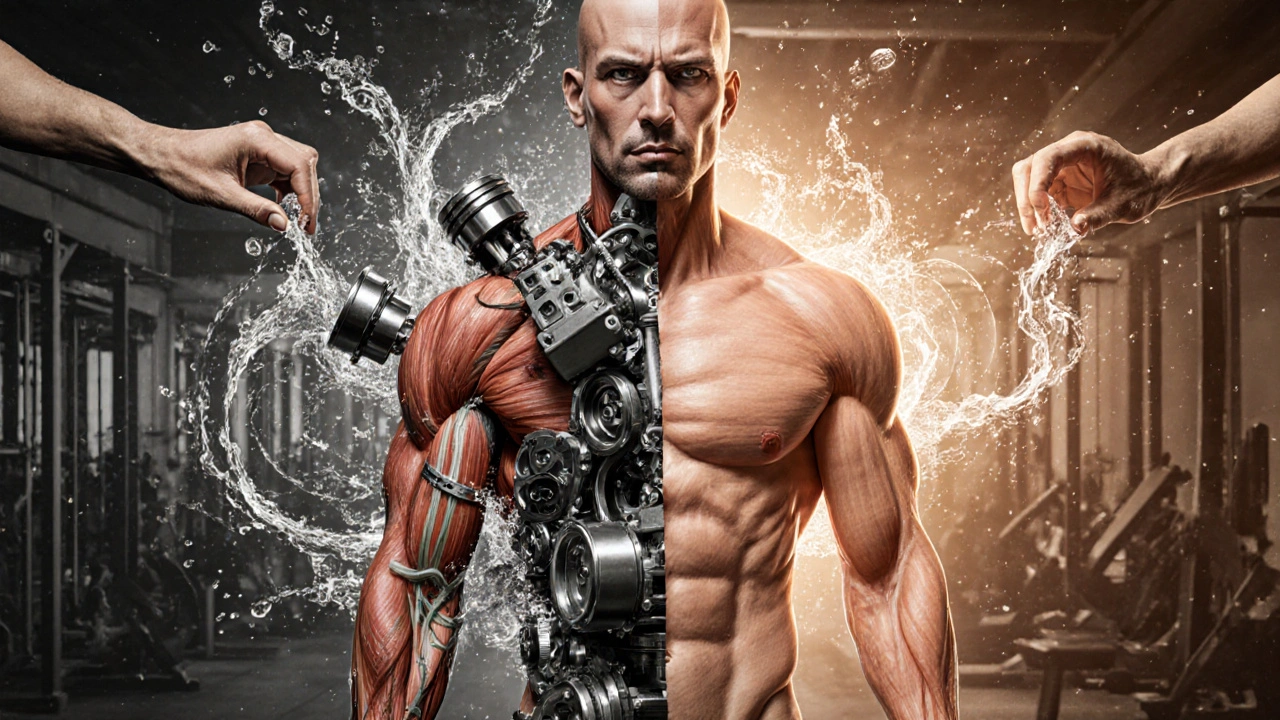 Human body as mechanical engine with muscles as pistons, lactic acid being flushed away by therapeutic hands.