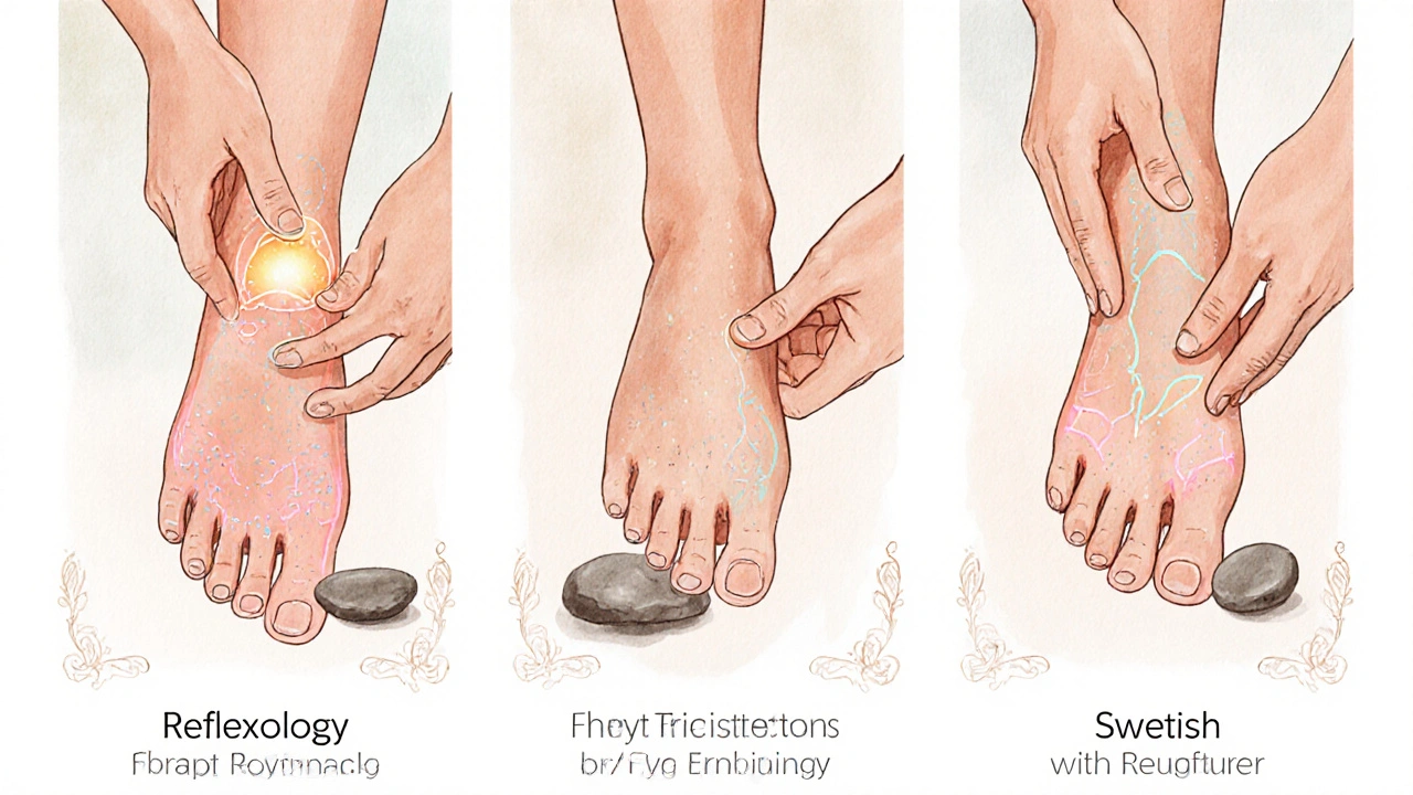 Illustration showing reflexology, Thai, and Swedish foot‑massage techniques.