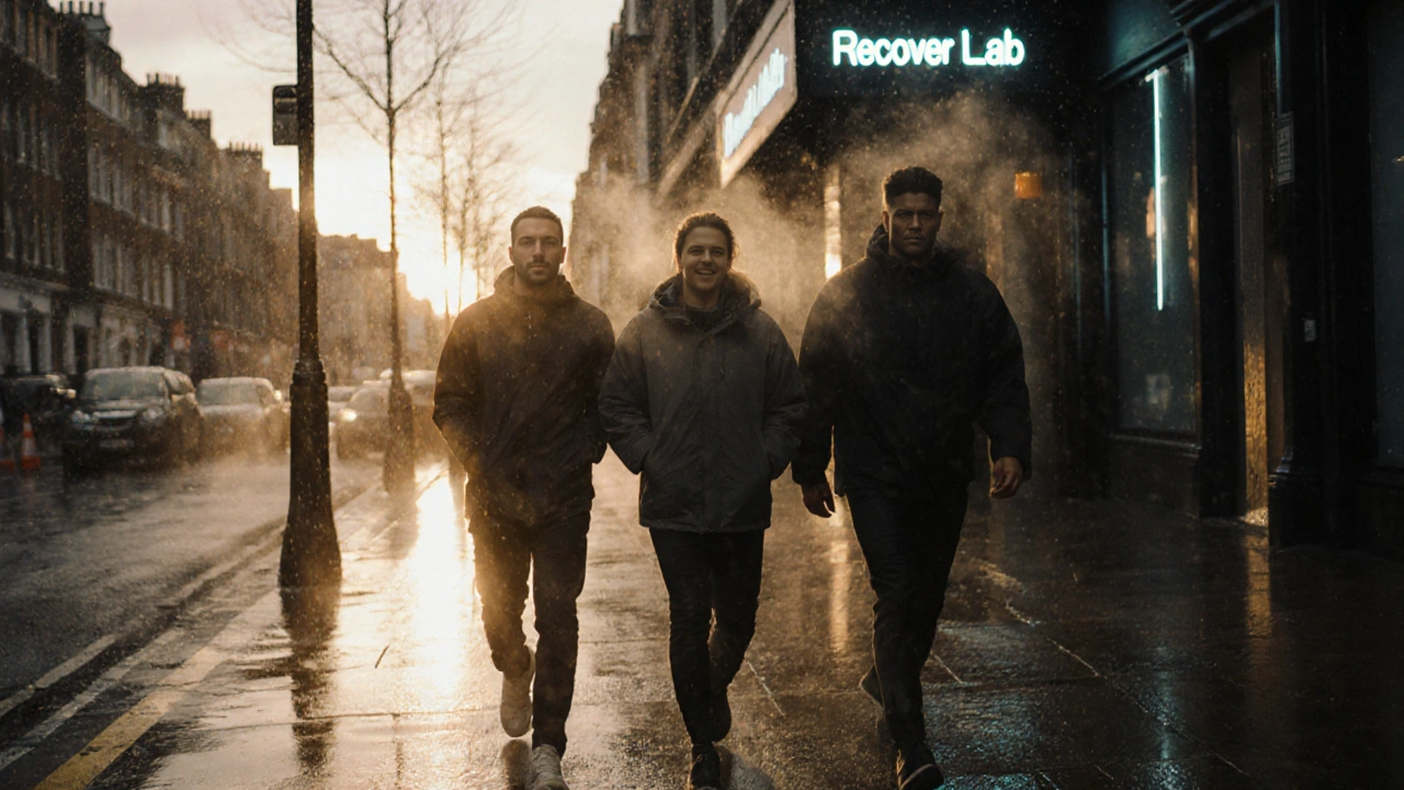 Londoners exiting a sports therapy clinic, walking confidently in the rain after a session, city lights reflecting on wet pavement.