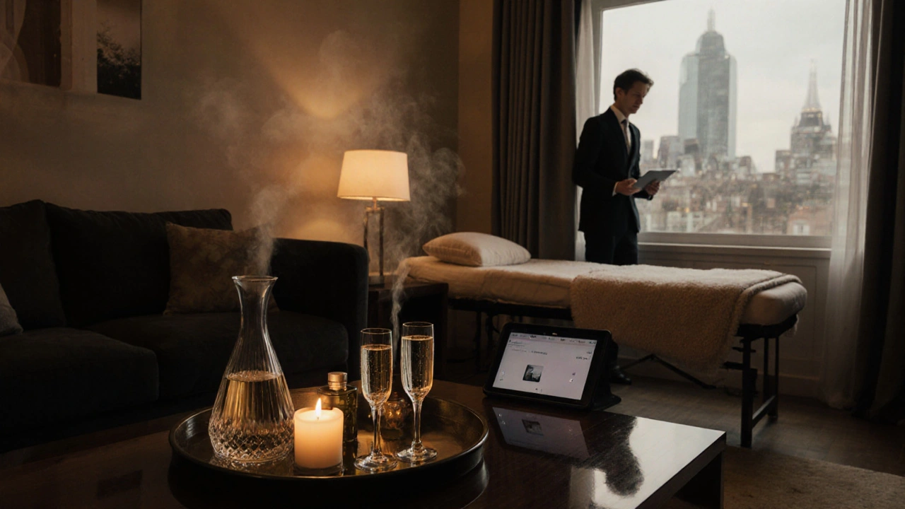 Luxurious apartment set for a massage with candles, champagne, oils, and a therapist arranging a mat.