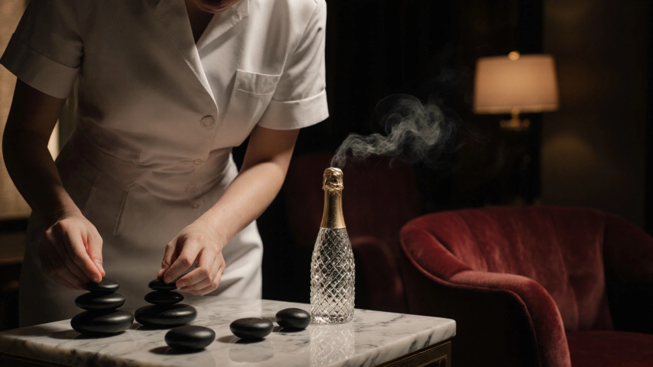 Mayfair boutique spa setup with therapist, warm stones, and champagne.