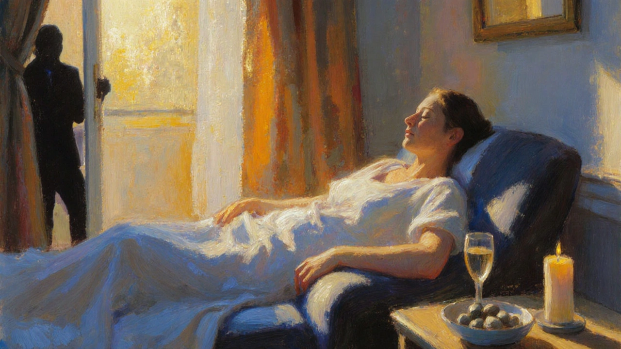 Relaxed figure on a chaise after a session, warm light, empty champagne glass, therapist silhouette leaving.