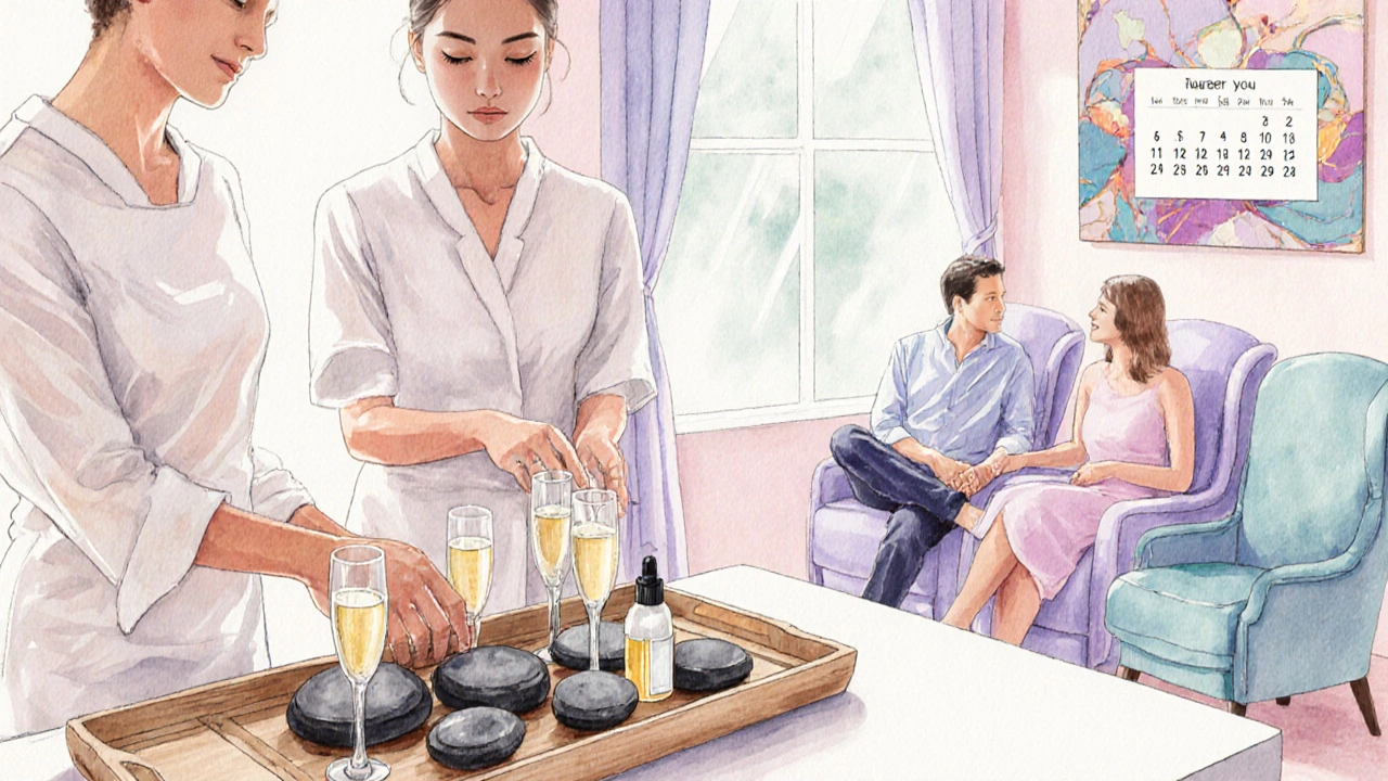 Watercolor scene of a spa lounge where a therapist prepares heated stones and champagne as a couple chats.