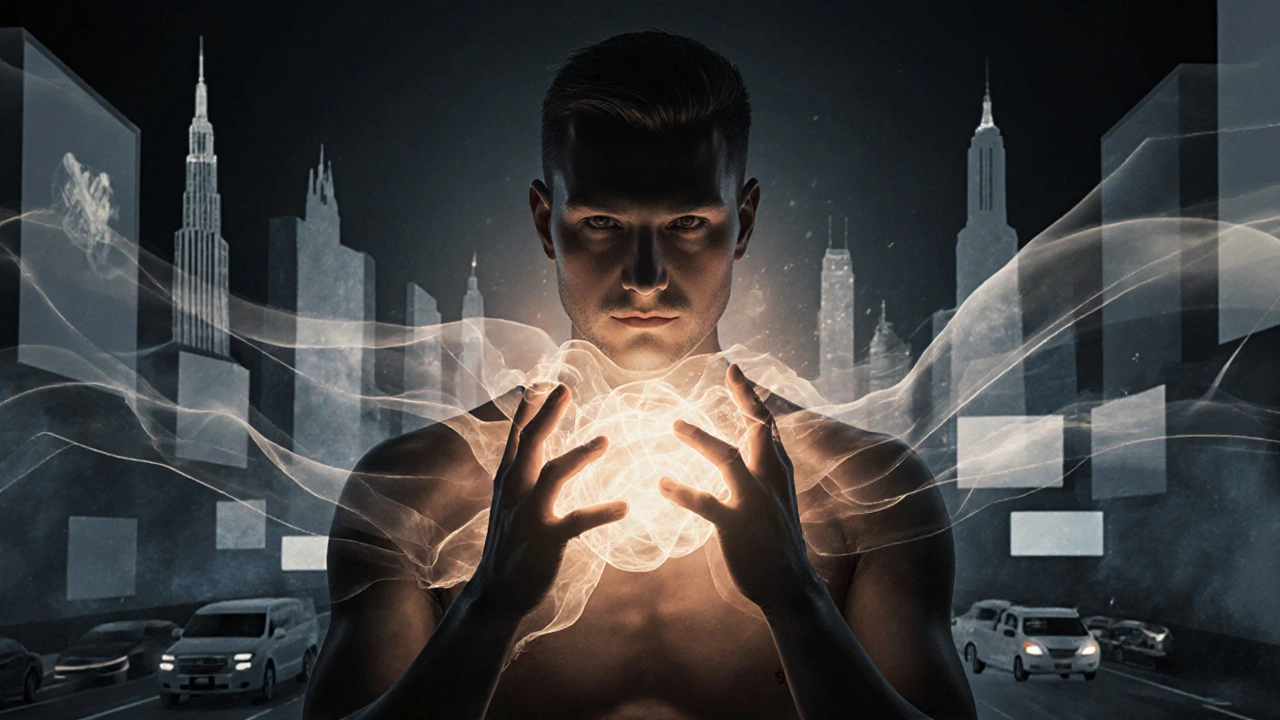 A human form dissolves into light and shadow, with healing hands releasing stress as urban chaos fades away in the background.