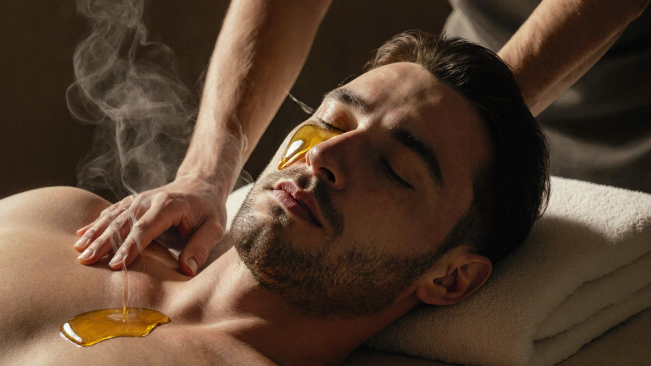 A man crying softly during a massage, his body relaxed as oil glistens on his skin under warm light.