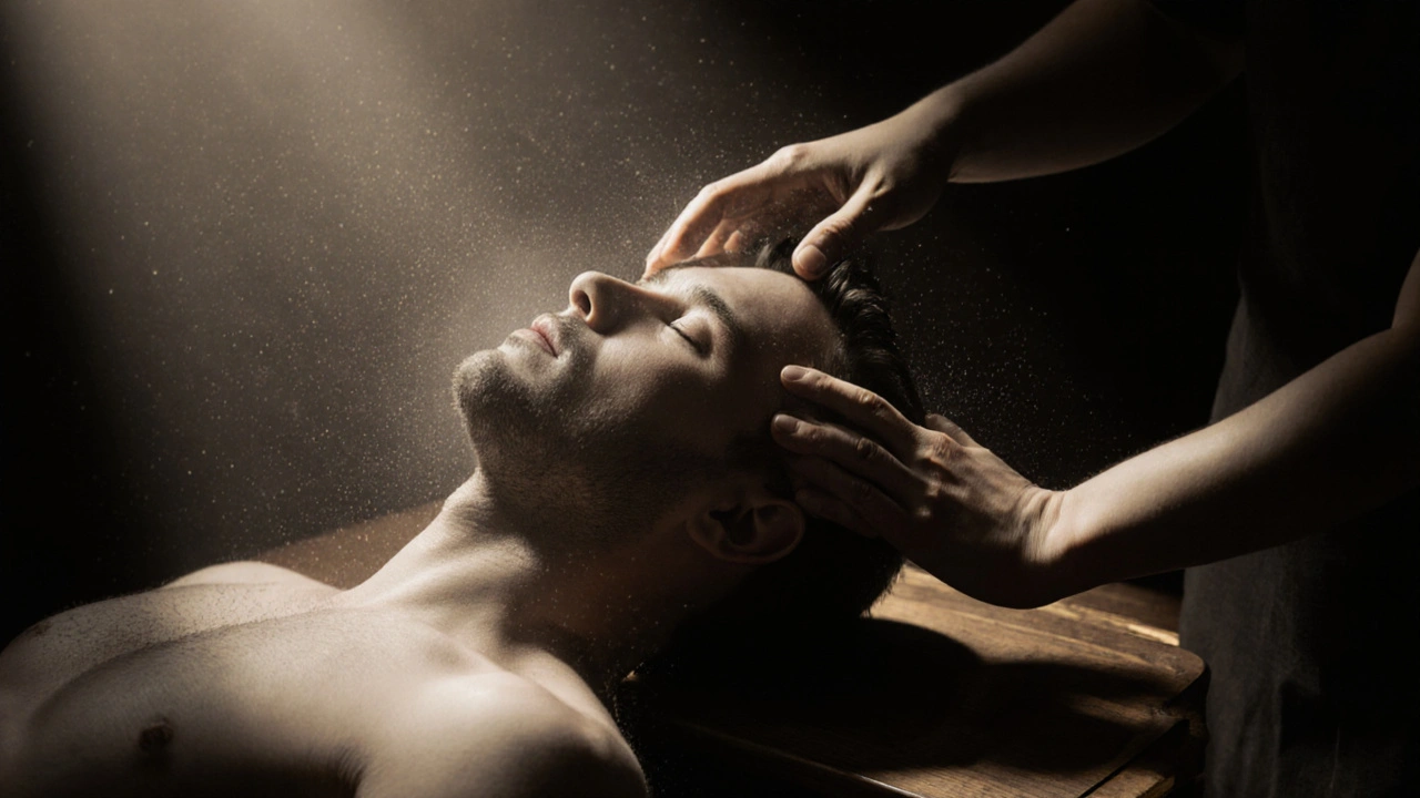A man in deep relaxation as sunlight highlights his head during a head massage, symbolizing nervous system release.