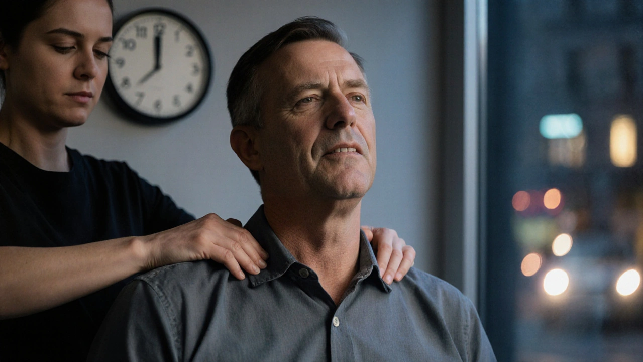 A man in work clothes relaxed during a Swedish massage, eyes closed, with city lights visible through a window at evening.