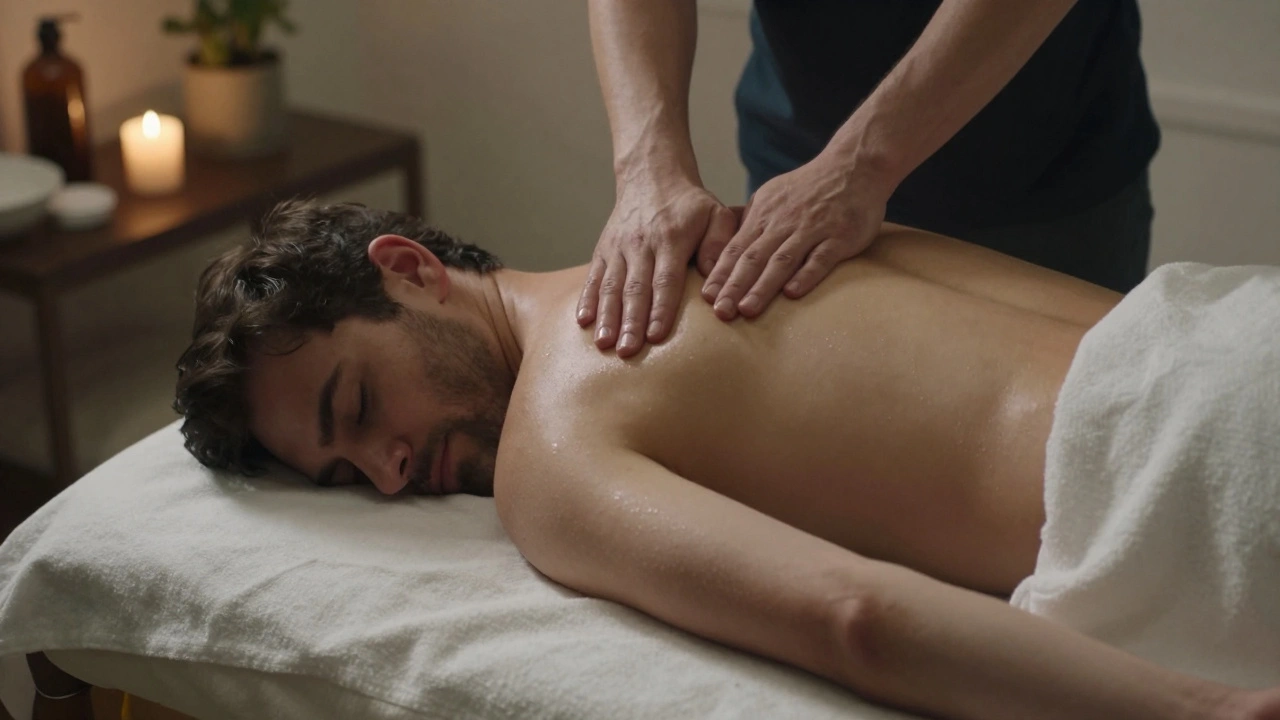 A man lies on a massage table covered by a sheet as hands apply deep pressure to his back in soft candlelight.