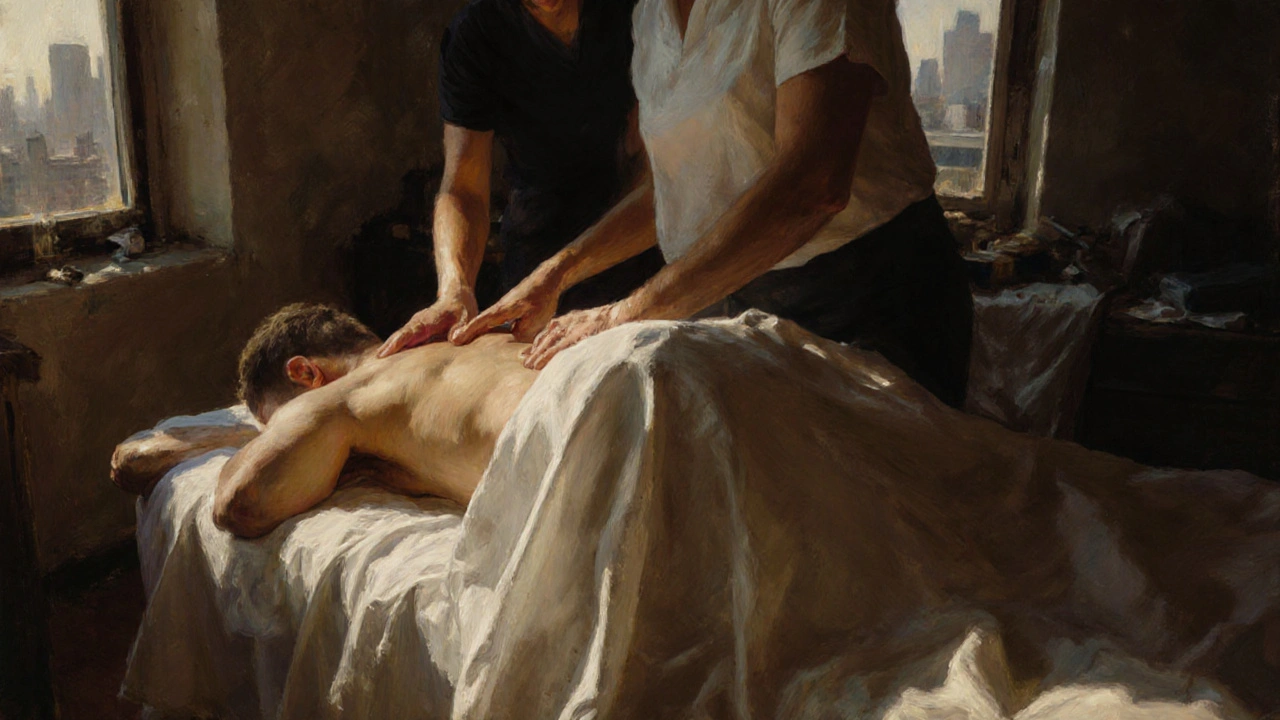 A man lies under a drape during a massage, therapist&#039;s hands working on his lower back, warm lighting highlighting serene surrender.