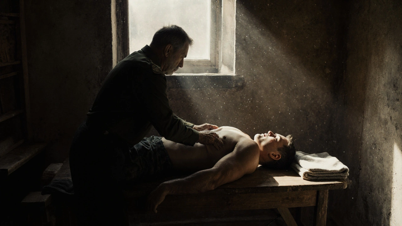 A man lying face down on a massage table in a basement, a therapist applying pressure with calm focus.