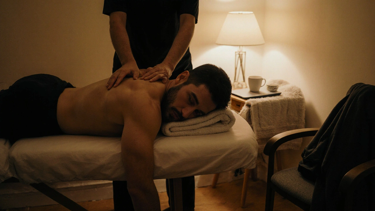 A man receiving a deep tissue massage in a modest home setting, eyes closed in relaxation.