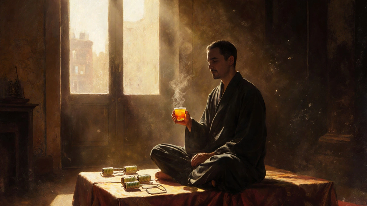 A man sitting peacefully after a massage, holding tea in a serene room filled with golden light and sandalwood mist.