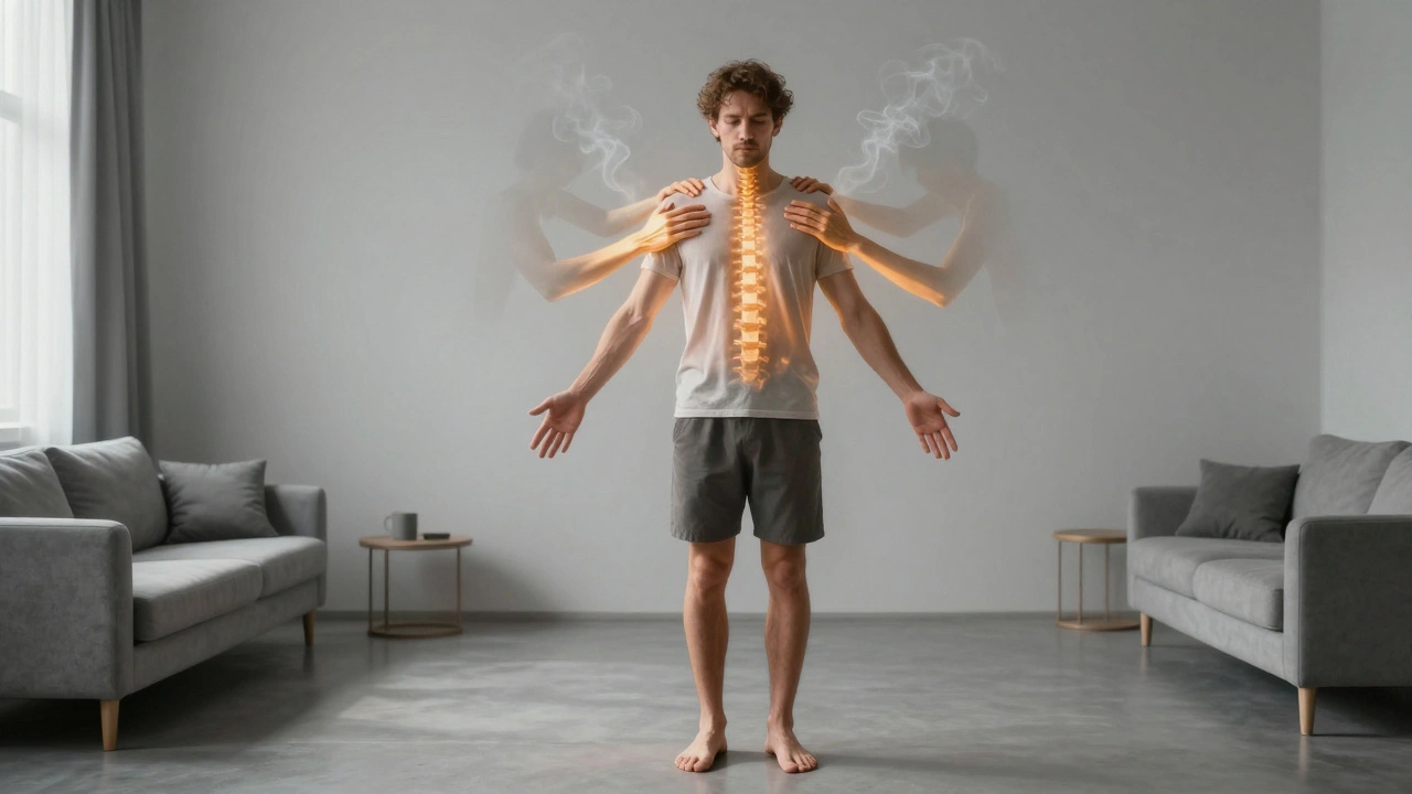 A man stands alone as glowing hands dissolve into light, symbolizing the release of physical and emotional tension.