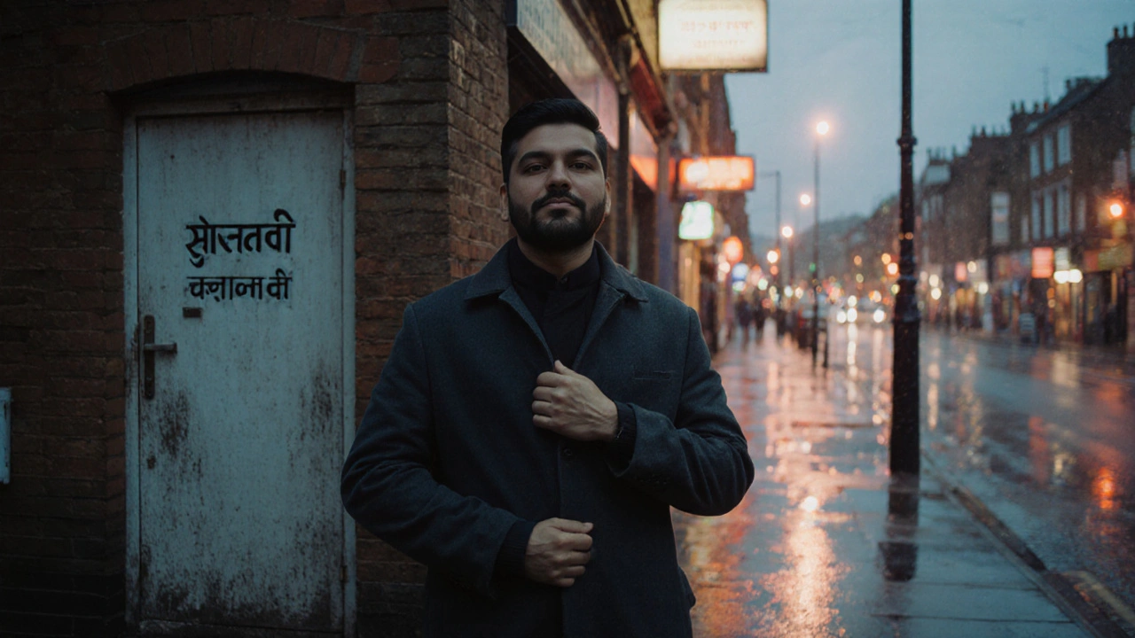 A man stands peacefully outside a modest building at dusk, transformed after a healing massage.