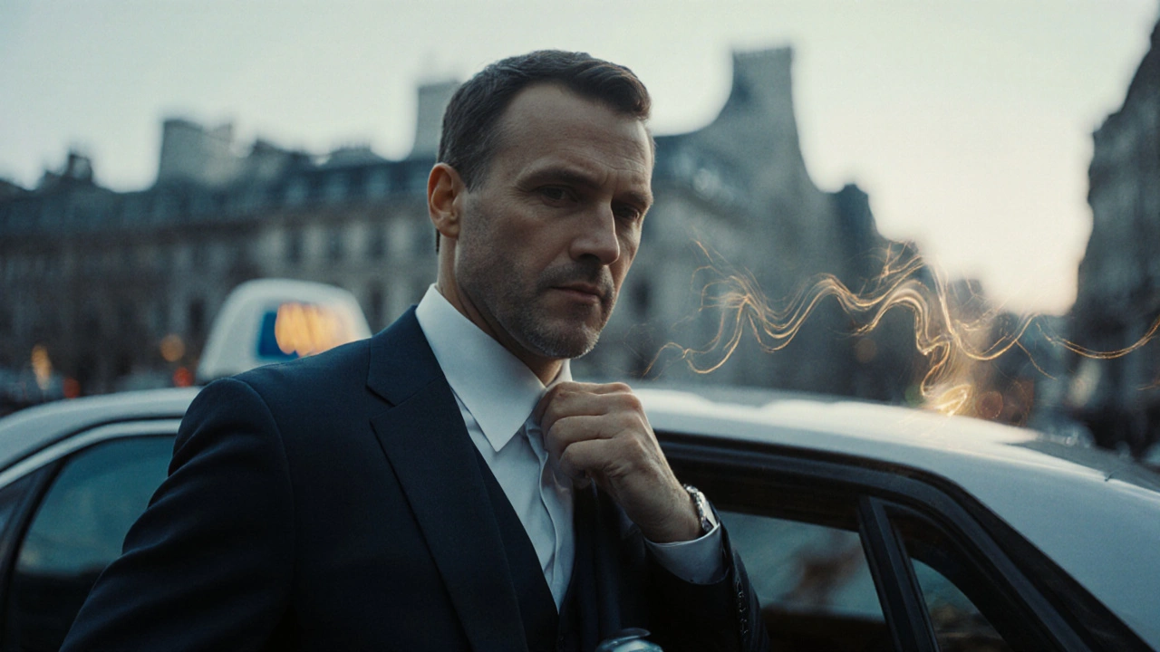 A man stepping out of a taxi in London, looking refreshed and less swollen, with subtle golden energy radiating from his body.