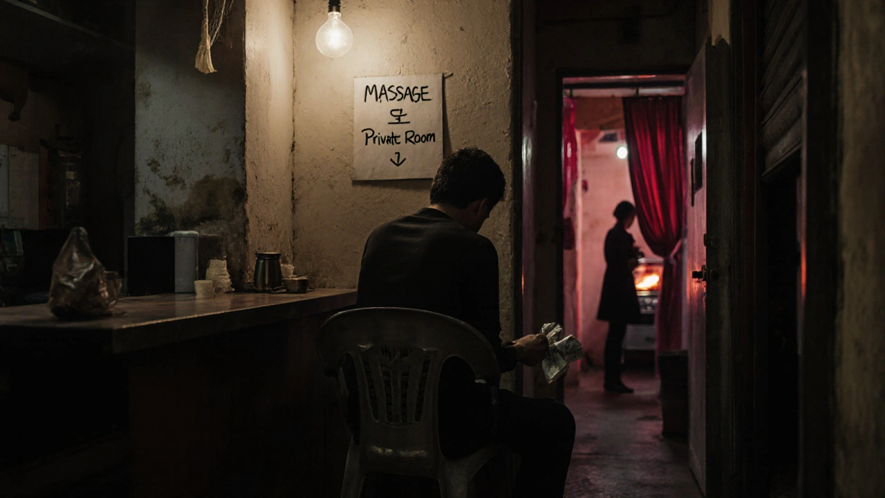 A man waits nervously in a narrow corridor behind a grocery store, holding cash for a private massage.