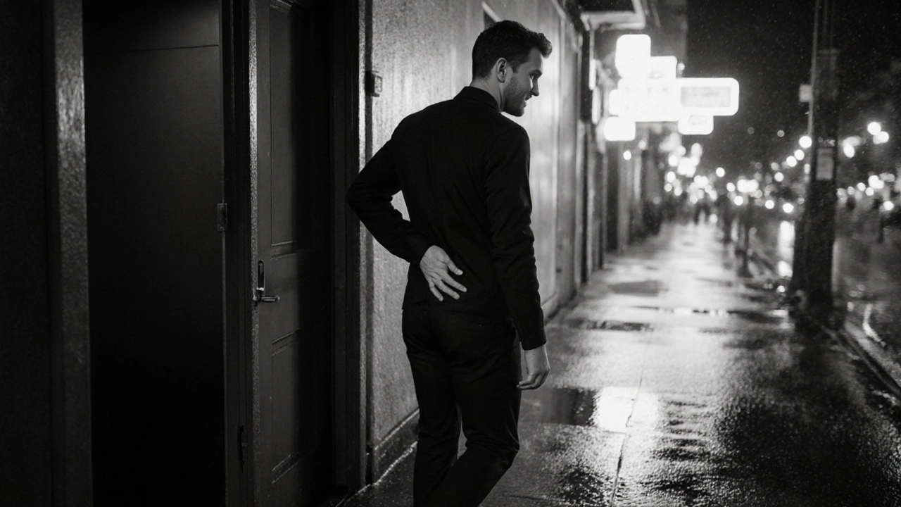 A man walking out of a quiet door at night, posture transformed, looking renewed and at peace.