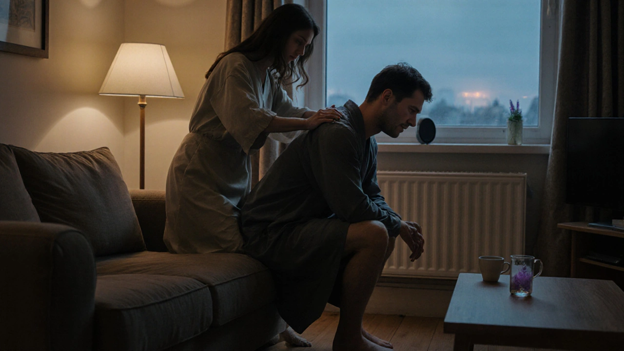 A therapist gently massages a man&#039;s shoulders on a couch in a dimly lit London flat.