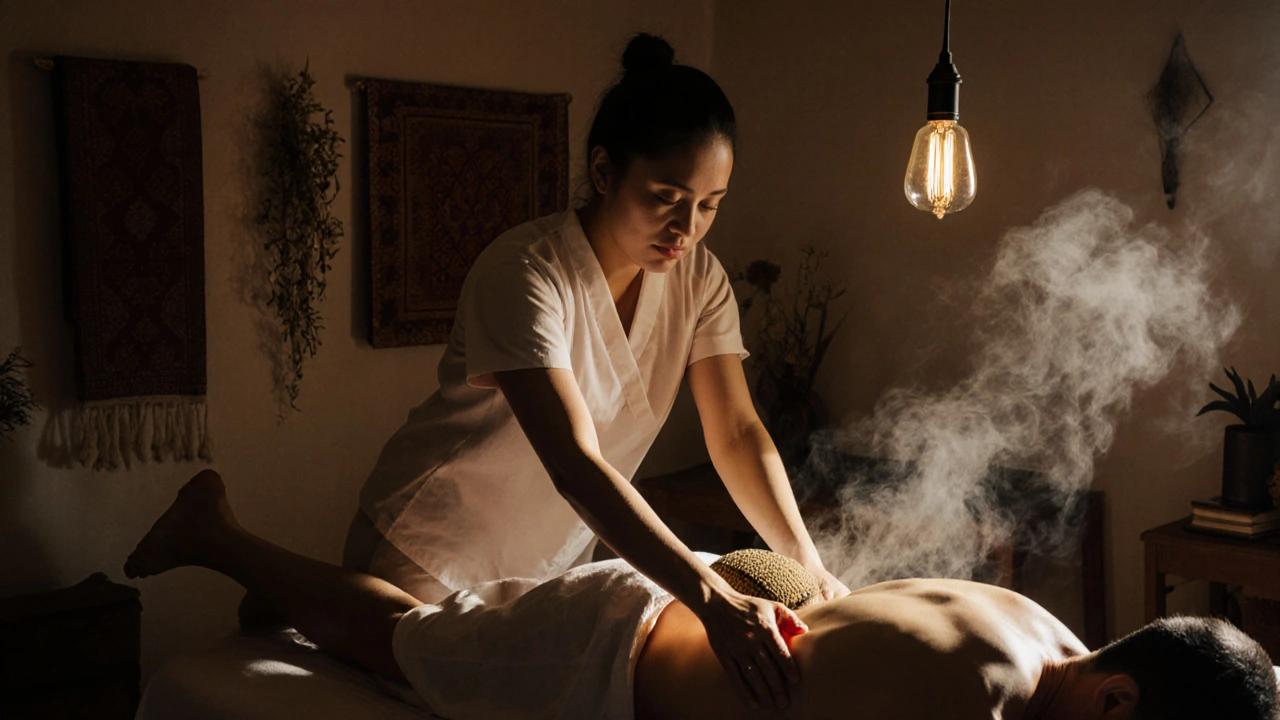 A therapist uses her feet to stretch a client while pressing a warm herbal compress, steam rising in a quiet, cluttered room.