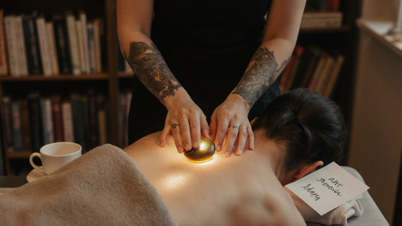 A woman with tattoos placing a warm stone on a client’s back in a book-filled room, soft light and stillness.