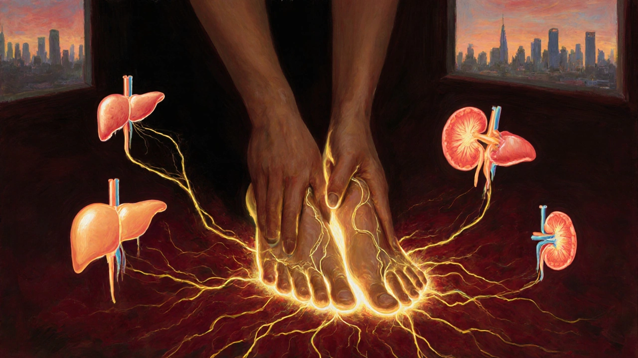 Abstract representation of nerve pathways connecting feet to internal organs, glowing with warm light.