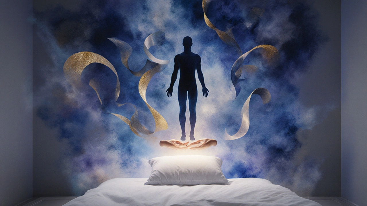 An abstract representation of calm and sleep, with a floating figure surrounded by glowing waves of relaxation.