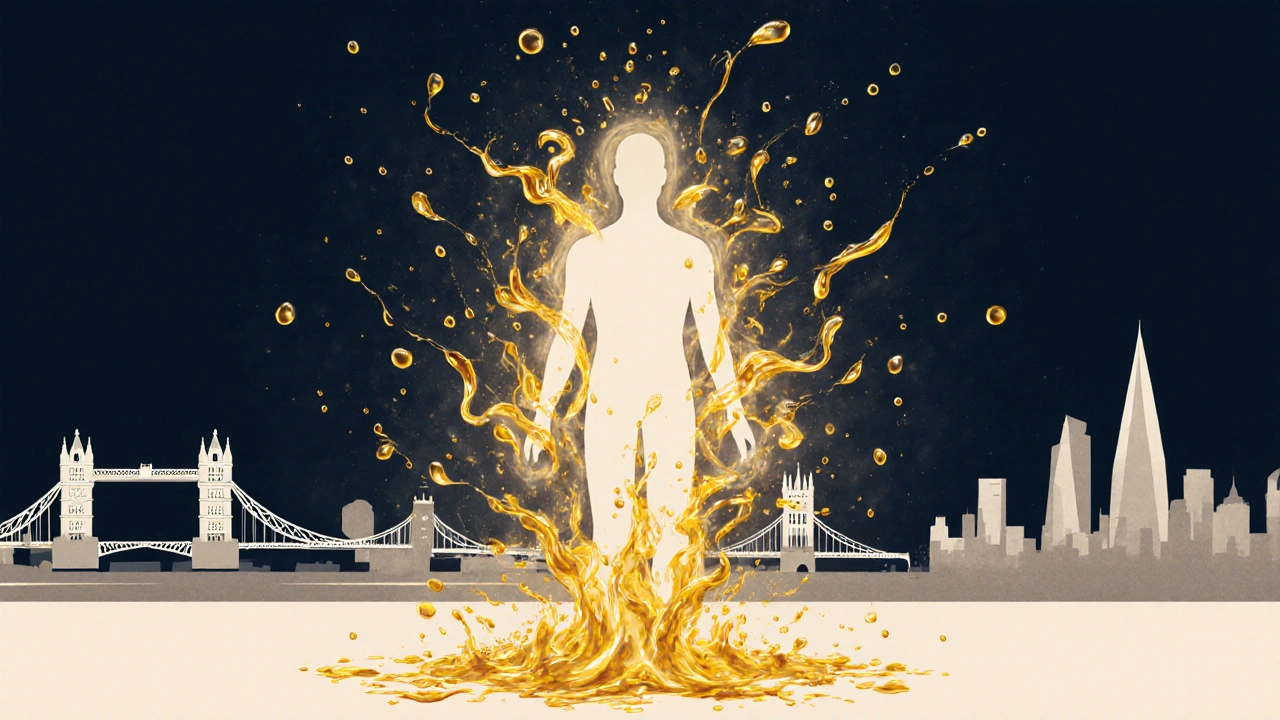 An abstract representation of urban stress melting into soothing light and oil.