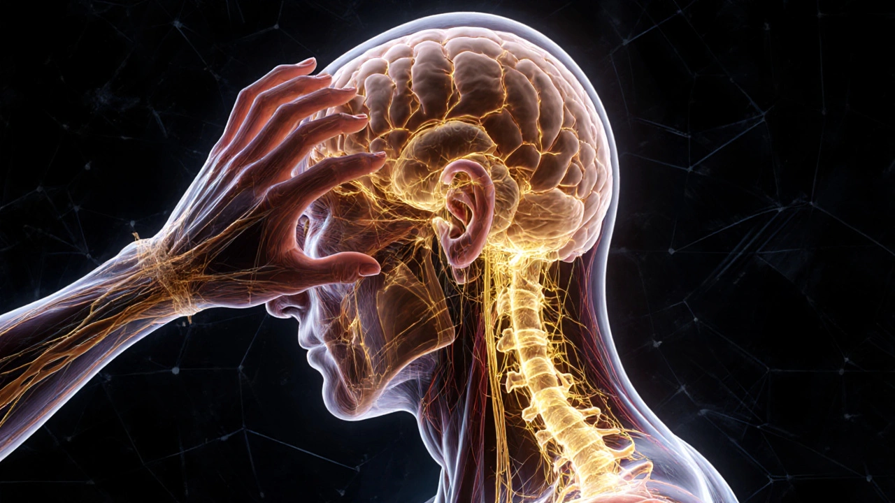 An artistic depiction of glowing neural pathways along the vagus nerve, activated by precise hand pressure on the scalp.