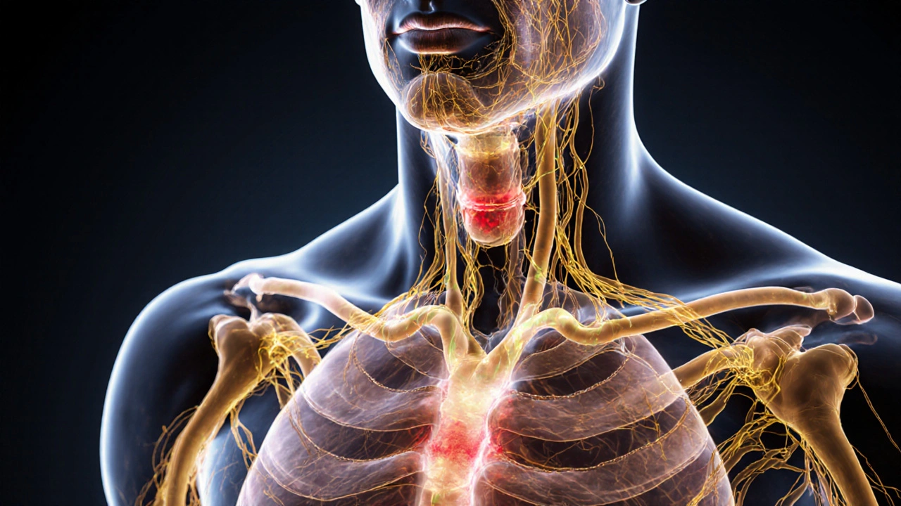 An artistic depiction of the lymphatic system glowing with flowing fluid beneath male skin, showing blocked and clear pathways.