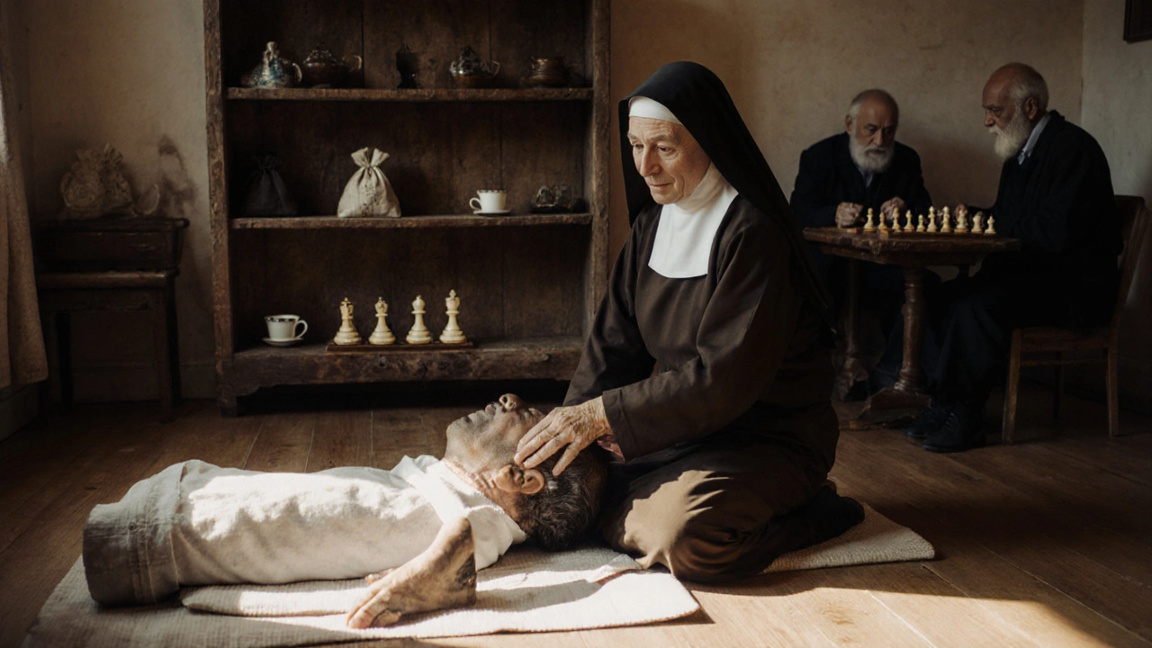 An elderly Thai woman in simple clothes adjusts a client&#039;s posture on a floor mat, with elderly men playing chess in the background.