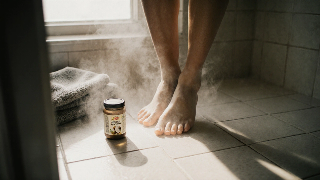 Bare feet on steamy bathroom floor after shower, coconut oil bottle nearby, quiet self-care moment.