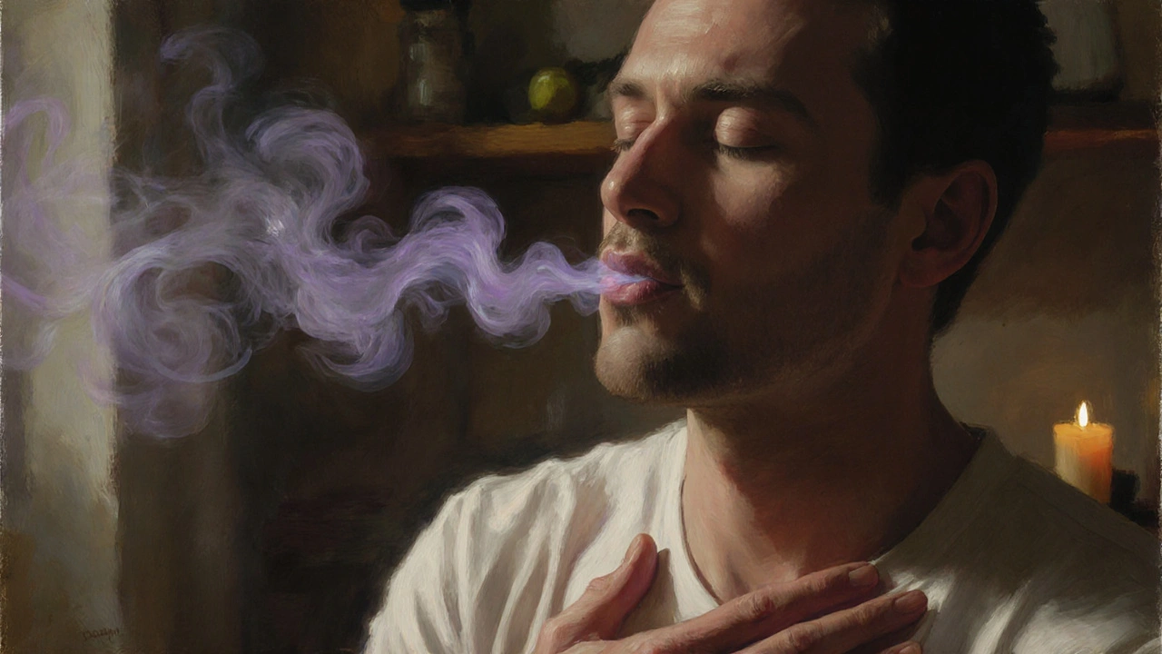 Close-up of a man’s hand on his chest, eyes closed, tears faintly visible, lavender smoke rising gently.