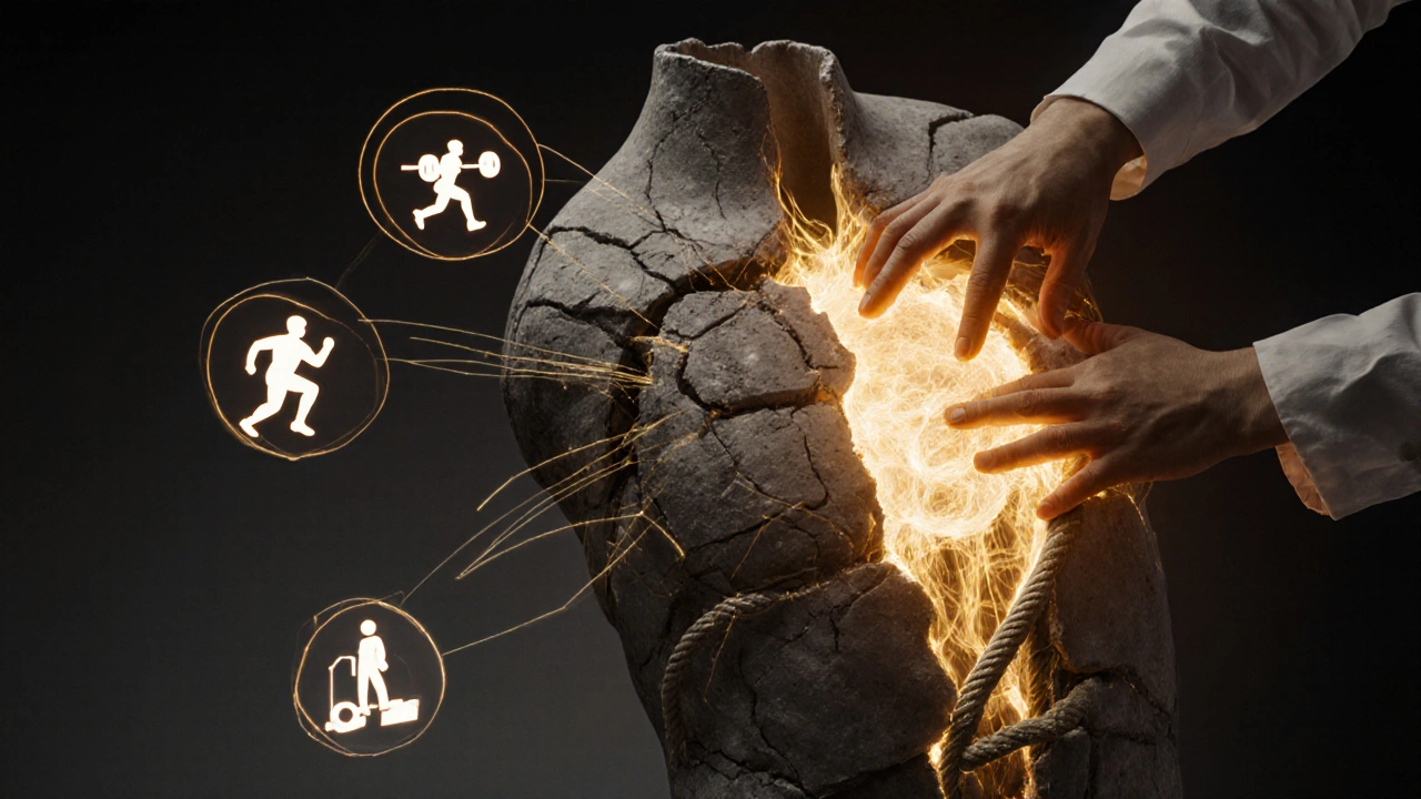 Conceptual torso with cracked concrete and rope releasing golden light from deep tissue work.