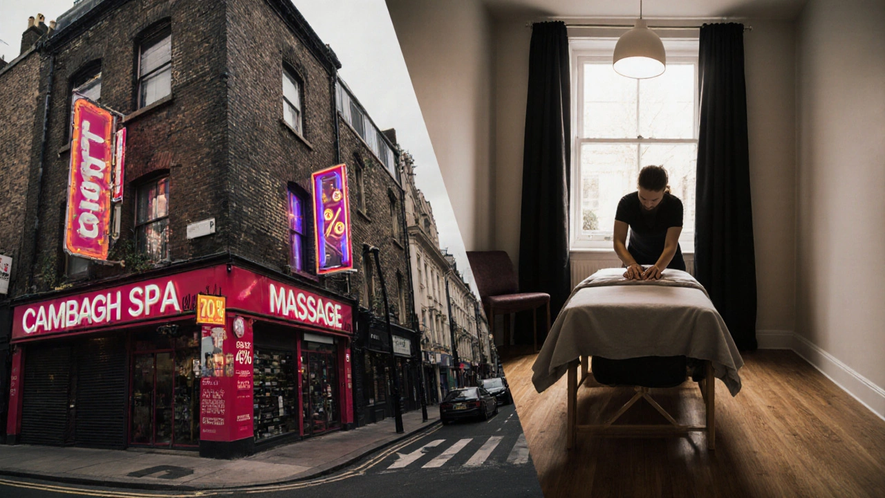 Contrasting scene: chaotic neon spa vs. serene professional massage studio in London.