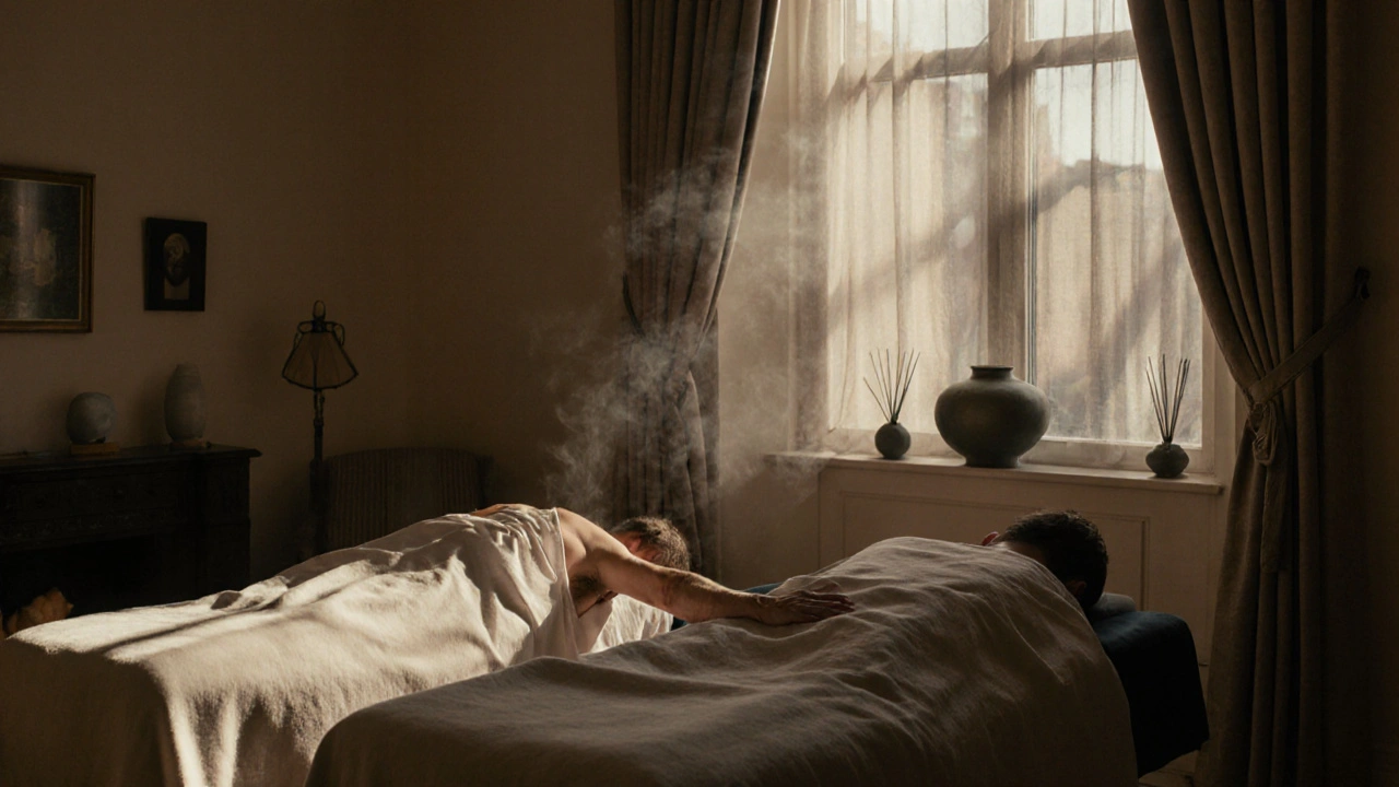 Couple lying side by side in a quiet London sanctuary, hands gently touching, soft amber light and silk curtains around them.