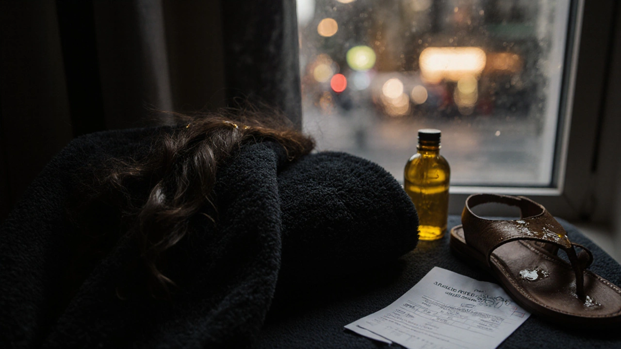 Dark towel stained with massage oil beside a bottle of coconut oil and a receipt for a luxury session.
