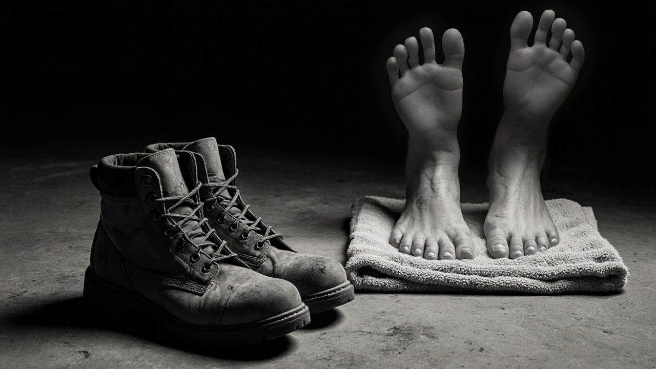 Discarded work boots beside bare feet on a towel, ghostly handprints above suggesting healing touch.