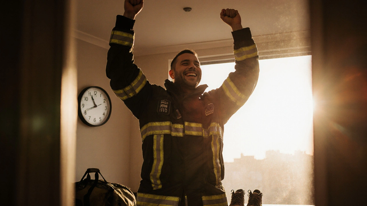 Firefighter smiling after sports massage, standing tall with running shoes nearby, golden hour light.