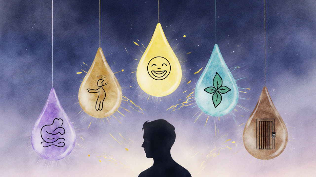 Five glowing essential oil droplets floating above a silhouette, each radiating a unique emotional symbol in soft watercolor tones.