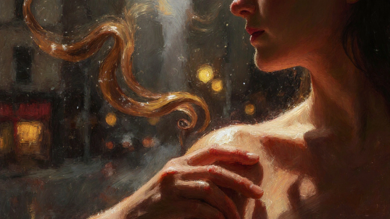 Hands gently applying sandalwood oil to a shoulder, golden mist rising like incense, evoking deep emotional safety and slow connection.